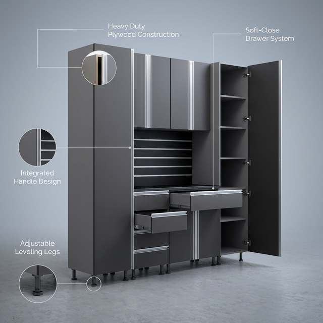 Premium Garage Cabinets 7' Storage Sets Solution with Adjustable Legs, Soft-Close Drawer & Door, Integrated Handles, Heavy Duty Plywood Box Construction, Tool and Equipment Organizer — Lifestyle