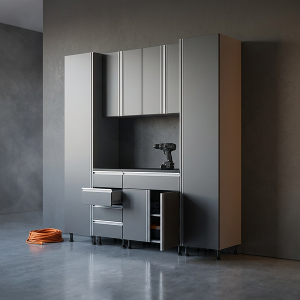 Premium Garage Cabinets 7' Storage Sets Solution with Adjustable Legs, Soft-Close Drawer & Door, Integrated Handles, Heavy Duty Plywood Box Construction, Tool and Equipment Organizer — Studio Shot